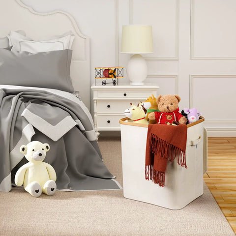 60L Collapsible Laundry Basket With Lid, Waterproof Oxford Fabric Tote With Bamboo Frame, beige, in cozy bedroom setting