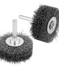Two Pack 2 Inch Wire Wheel Brush For Drill Heavy Duty Carbon Steel Wire Brush For Rust Paint And Corrosion Removal 0.012 Inch Coarse Crimped Stainless Steel Wire One Quarter Inch Shank 20000 RPM, showing close-up of two brushes with coarse crimped wire and drill shank
