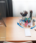 4 Pack Lazy Susan Turntable Organizer Rotating Spice Rack And Cabinet Storage with office supplies on a desk