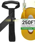 Beefy 250 Foot Outdoor Extension Cord 12 Gauge 3 Conductor Waterproof With Lighted End coiled with handle and label