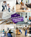 Collage showing various settings: home, office, retail, hospital, institution, industrial with 'Safeguarding Everywhere, Always!' text.