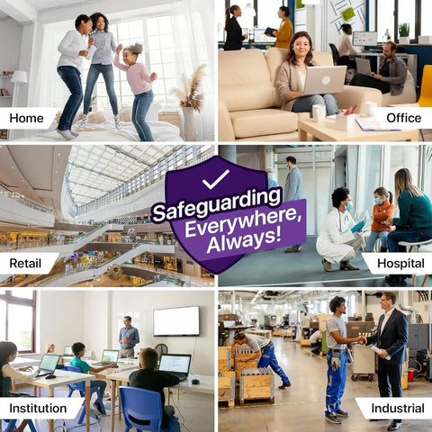 Collage showing various settings: home, office, retail, hospital, institution, industrial with 'Safeguarding Everywhere, Always!' text.