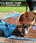 Beefy Heavy Duty Waterproof Tarp 16 By 20 Feet 12 Mil Thick Blue Tarpaulin laid on ground with wheelbarrow of mulch on top