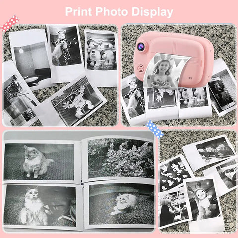 Five Roll Pack Kids Camera Paper Rolls 2.24 By 1.18 Inch Thermal Print Paper For Instant Mini Cameras Non Adhesive Printer Paper Refill For Kids Print Pics Fast Diy Art Projects High Definition Quick Dry shown with printed photo examples