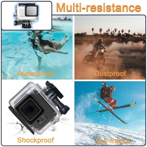 Ultra Durable Waterproof Housing Case For Action Camera Hero 5 6 7 Black in various conditions: underwater, dust, shock, freeze.