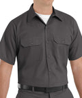 Straight Up Built Tough Mens Charcoal Utility Work Shirt Featuring Seven Button Front Soil Release Cotton Blend Bartacked Pencil Slot Ready For The Daily Grind, short sleeve with pockets.