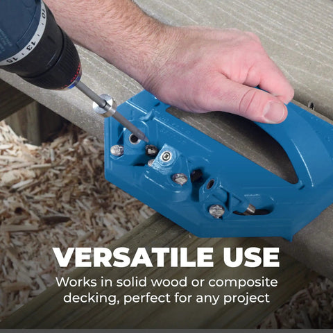 Using Deck Jig For Precise Concealed Deck Screw Installation And Smooth Plank Alignment With Three Hardened Steel Drill Guides