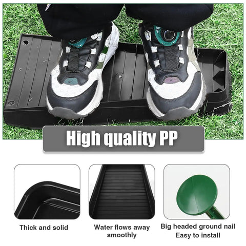 Person standing on black plastic rain gutter downspout splash block extender with ladder downwards design for easy install.