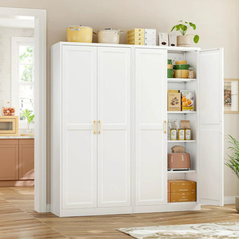 Built Like A Tank Super Tall Steel Pantry Cabinet With Double Doors And Four Shelves Kitchen Storage Saver in a bright kitchen.