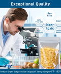 Scientist examining 50 Pack Mylar Bags For Food Storage With Clear Window In 1 Quart Size showcasing non-toxic and tear-resistant features.