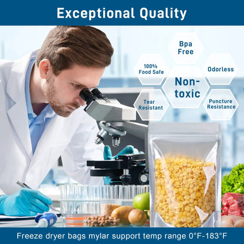 Scientist examining 50 Pack Mylar Bags For Food Storage With Clear Window In 1 Quart Size showcasing non-toxic and tear-resistant features.