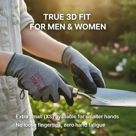Person using Ultra Thin Nitrile Work Gloves FN330 With 3D Comfort Fit, holding garden tool, highlighting non-slip grip and comfort.
