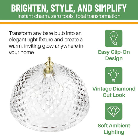 Clip On Light Shade For Ceiling Bulb And Lamp With Antique Diamond Cut Acrylic For A Soft Vintage Vibe Glow Easy Install Decorative Lamp Cover For Home And Office Today shown with brass finial and diamond cut design