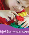 Child playing with kid friendly hands on linking math cubes for elementary math learning, first grade manipulatives in 10 colors.
