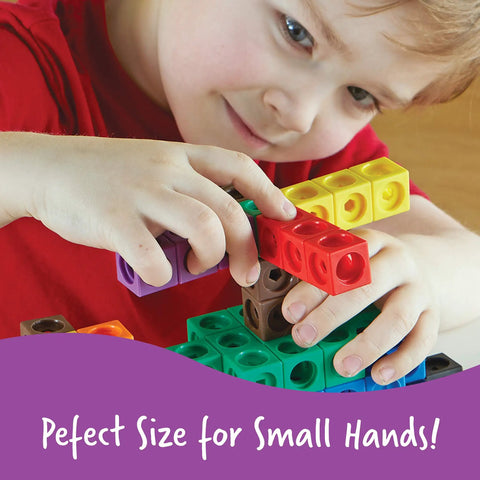 Child playing with kid friendly hands on linking math cubes for elementary math learning, first grade manipulatives in 10 colors.