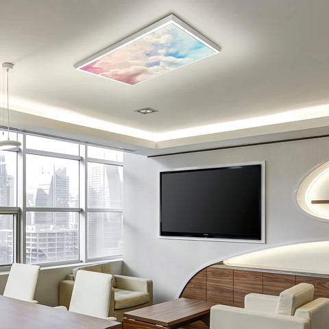 2x4 Foot Fluorescent Light Cover With Pink Clouds Backlit Film Reduces Glare And Eye Strain Easy To Install For Classrooms Offices Sensory Rooms Universal Fit For Standard 2x4 Fixtures in modern office ceiling