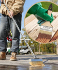 Person using Long Handle Deck Stain Brush Applicator with 7 Inch Wide Brush for stains on wood deck, telescopic 59 Inch reach