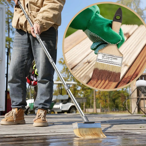 Person using Long Handle Deck Stain Brush Applicator with 7 Inch Wide Brush for stains on wood deck, telescopic 59 Inch reach