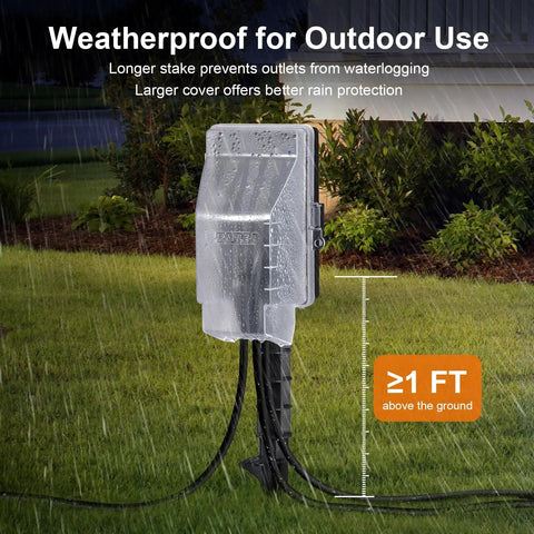 Outdoor Dusk To Dawn Stake Timer Power Hub with Six Outlets, Weatherproof Power Strip, elevated with rain cover in garden