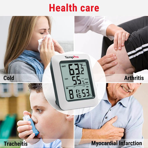 Long Range Indoor Outdoor Thermometer With 2 Wireless Sensors, 500 Ft Range, Real Time Temperature And Humidity Readouts, Battery Included, Tabletop Or Wall Mount Ready, No Fuss Setup For Home Or Office showing digital display and health care use
