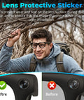 Man wearing glasses with LED Light Blocking Sticker Kit For Ray Ban Meta Gen 1 Gen 2 And Oakley Meta HSTN Eyewear, before and after lens stickers.