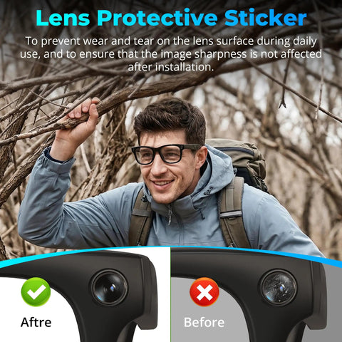 Man wearing glasses with LED Light Blocking Sticker Kit For Ray Ban Meta Gen 1 Gen 2 And Oakley Meta HSTN Eyewear, before and after lens stickers.
