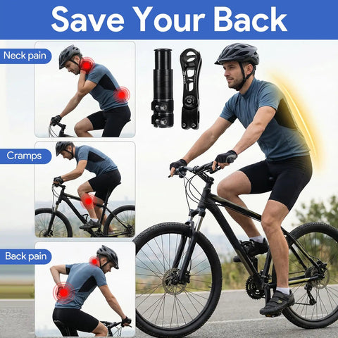 Cyclist using adjustable bike stem riser and handlebar extender for 31.8mm bars, showing improved posture and comfort.