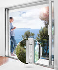 Sliding Glass Door Handle Set With Lock In White Aluminum Finish, Fits Six And Five Eighths Inch Hole Spacing, with view outside