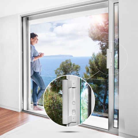 Sliding Glass Door Handle Set With Lock In White Aluminum Finish, Fits Six And Five Eighths Inch Hole Spacing, with view outside
