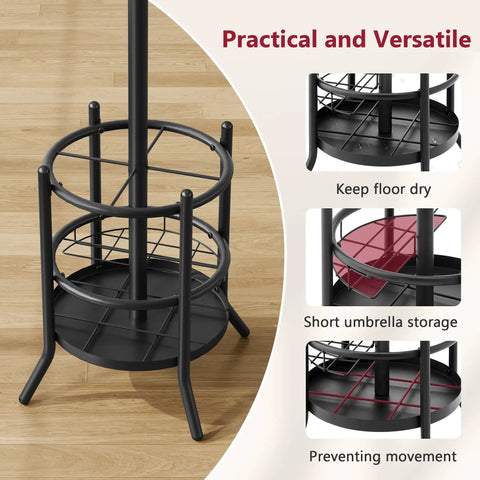 Coat Rack Stand With Umbrella Holder Freestanding 16 Hook Coat Tree base showing umbrella storage and stability features