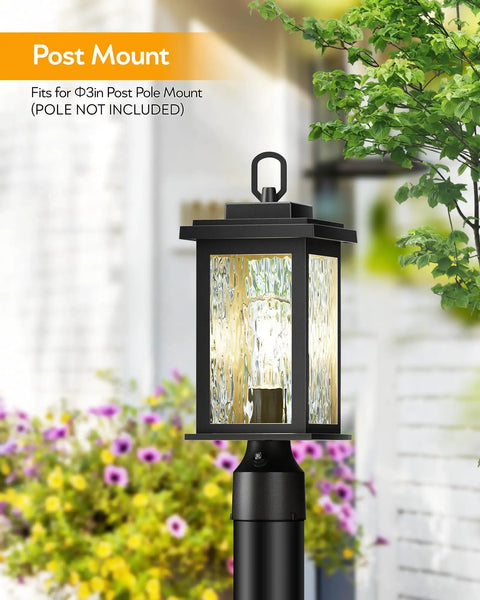 Two Pack Dusk To Dawn Outdoor Post Light Fixtures With Pier Mount Base, black lantern on post, showing rippled glass detail.