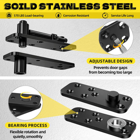 Hidden Door Hinge With 360 Degree Pivot, Beefy Heavy Duty Stainless Steel diagram showing adjustable design and bearing process.