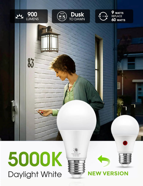 Woman under porch light with Outdoor A19 LED Dusk Till Dawn Light Bulbs With Photocell Sensor, 5000K Daylight 900 Lumens, 9W, 60W Equivalent.