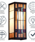 Art Deco Stained Glass Outdoor Wall Light Fixture For Home Exterior Dope Curb Appeal Large Satin Black Wall Lantern For Porch Patio Garage And House Facade Wall Mount Lighting 16.25 Inch Height with colorful stained glass panels, satin black frame, includes installation icons, ETL listed.