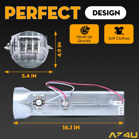 Dryer Heating Element Assembly Replacement Fits LG Dryers in DLE Series, metal coil and wiring dimensions shown, 240V 5400W.