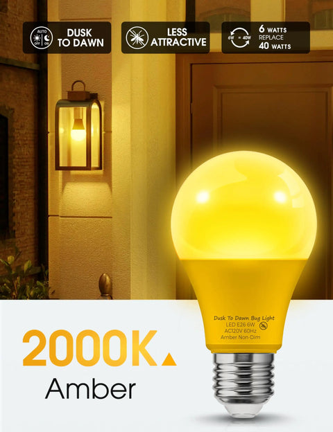 Amber Porch Light Bulbs With Dusk To Dawn Sensor For Outdoor Use, 2000K Yellow Bug Light Bulbs, glowing bulb near porch