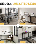 One desk shown in conference, craft, work, and fitness setups, highlighting versatility in small spaces, no assembly required.