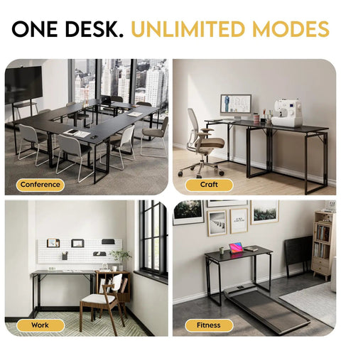 One desk shown in conference, craft, work, and fitness setups, highlighting versatility in small spaces, no assembly required.