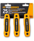 25 Piece SAE Metric Torx Folding Hex Key Set With 270 Degree Rotation in packaging, three kits, orange and black dual material grip.