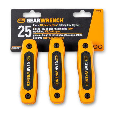 25 Piece SAE Metric Torx Folding Hex Key Set With 270 Degree Rotation in packaging, three kits, orange and black dual material grip.