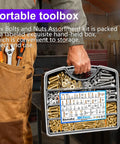 Person holding 900-Piece Hex Bolts And Nuts Kit In 304 Stainless Steel With portable labeled box in workshop setting.