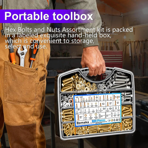Person holding 900-Piece Hex Bolts And Nuts Kit In 304 Stainless Steel With portable labeled box in workshop setting.