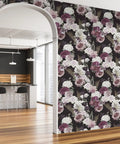Dark Floral Peel And Stick Wallpaper Roll 24x354 Inches Black Background With White Purple Pink Roses in modern interior decor