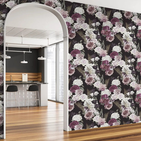 Dark Floral Peel And Stick Wallpaper Roll 24x354 Inches Black Background With White Purple Pink Roses in modern interior decor
