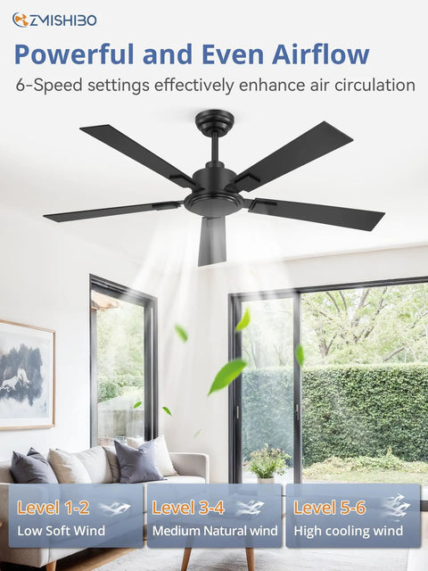52 Inch Black Ceiling Fan With Remote No Light Quiet Reversible DC Motor Six Speeds installed in modern living room