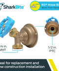 90 Degree Hose Bibb With Push To Connect Inlet Brass Plumbing Fitting For PEX Copper CPVC PERT HDPE Half Inch To Three Quarter Inch MHT Multi Turn Shutoff Valve For Tight Spaces And Outdoor Faucets featuring brass construction and blue handle.