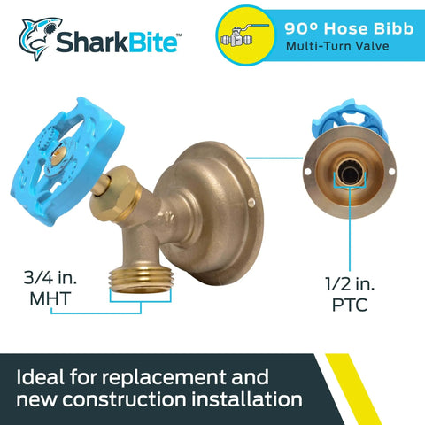 90 Degree Hose Bibb With Push To Connect Inlet Brass Plumbing Fitting For PEX Copper CPVC PERT HDPE Half Inch To Three Quarter Inch MHT Multi Turn Shutoff Valve For Tight Spaces And Outdoor Faucets featuring brass construction and blue handle.