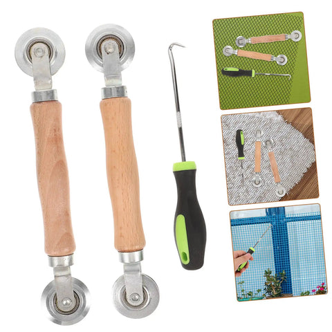 Pro Grade Screen Repair Tool Kit 3 Piece For Windows And Doors With Ergonomic Spline Remover Roller Tools And Hook Quick Fix For Damaged Screens DIY Replacement Set shown with rollers and hook.