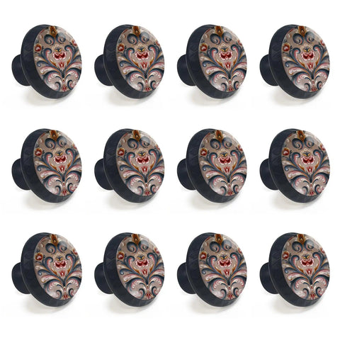 12 Pack Norwegian Brown Flower Cabinet Knobs With Classic Rosemaling Folk Art Swirling Vines And Gold Accents For Kitchen And Bathroom Cabinets