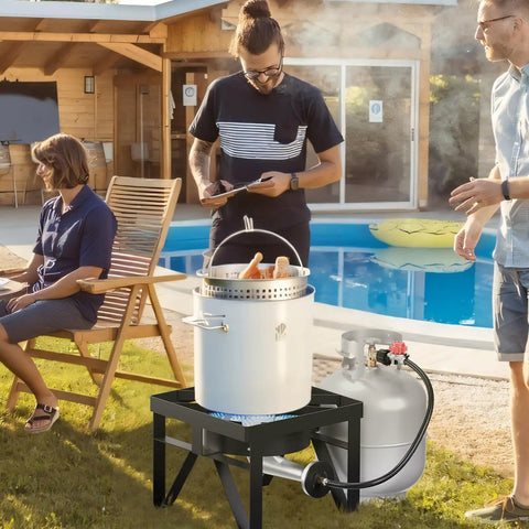 Dual Burner Propane Camping Stove With 200,000 BTU Beast Power in use by a poolside for outdoor gathering